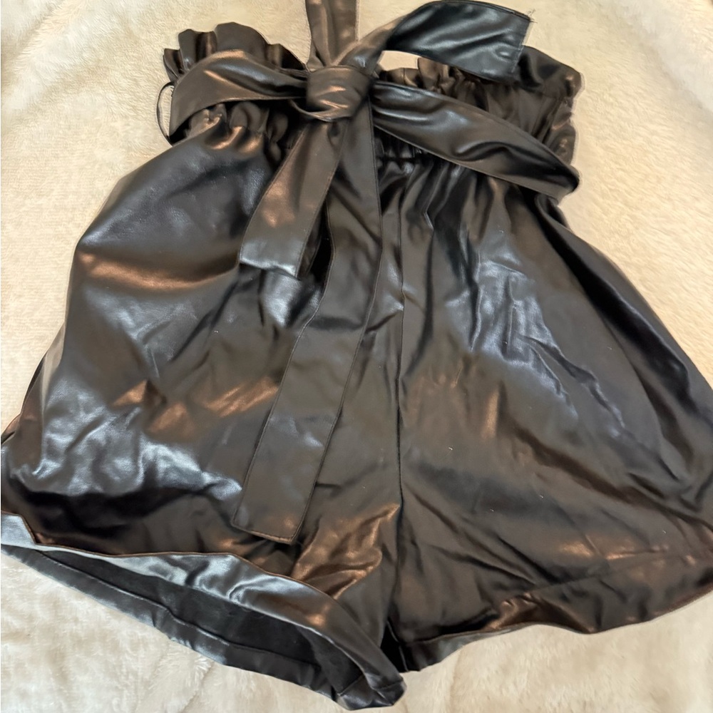 SHEIN Black Faux Leather Paperbag Shorts SIZE S